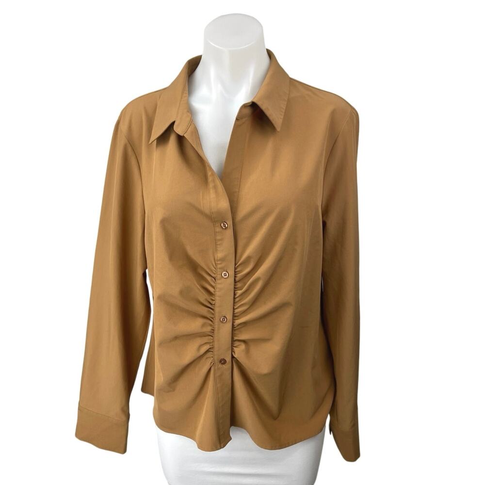 Calvin Klein Brown Long Sleeve Collared Ruched Button Down Shirt Blouse Top XL